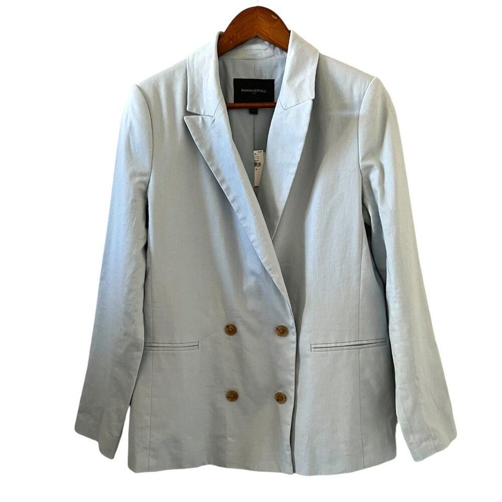 Banana Republic NEW Linen Blend Double Breasted Blazer In Powder Blue Size 10